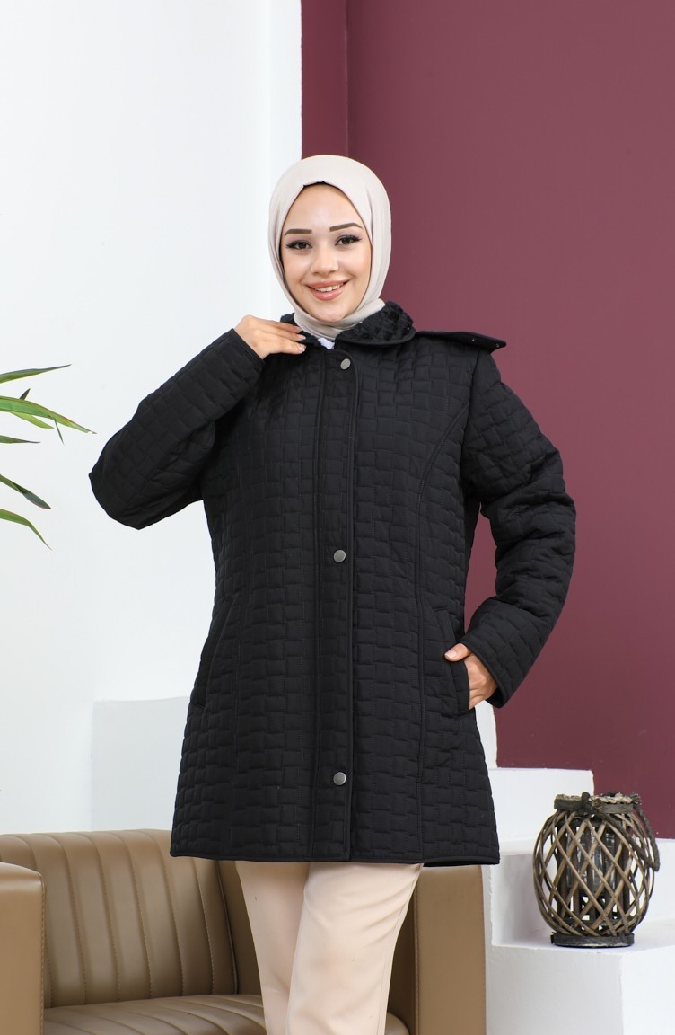 Sefa Merve Büyük Beden Kare Desen Kapitone Mont 6141-01 Siyah