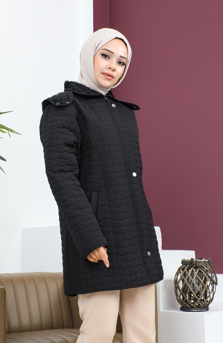 Sefa Merve Büyük Beden Kare Desen Kapitone Mont 6141-01 Siyah görsel 3