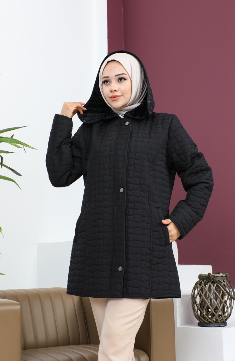Sefa Merve Büyük Beden Kare Desen Kapitone Mont 6141-01 Siyah görsel 4