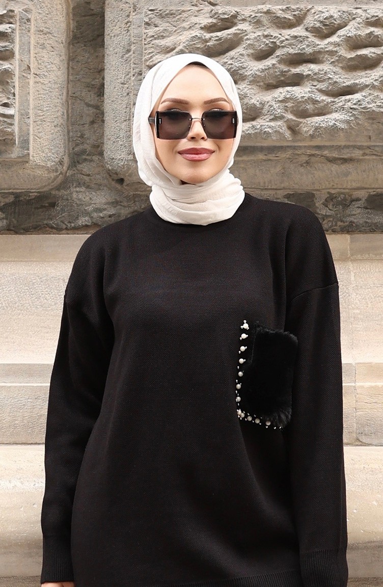 Sefa Merve Triko Cep Detaylı Tunik Pantolon Ikili Takım 1093-01 Siyah görsel 4