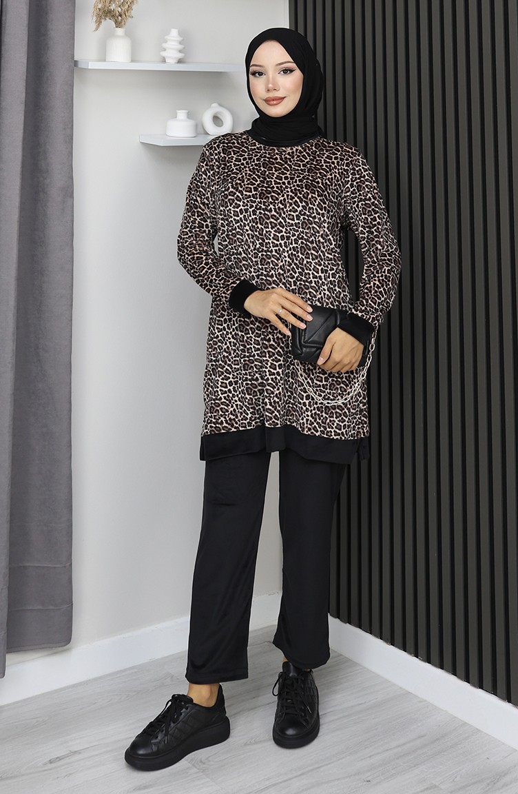 Sefa Merve Leopar Desenli Eşofman Takım 96002-01 Kahverengi