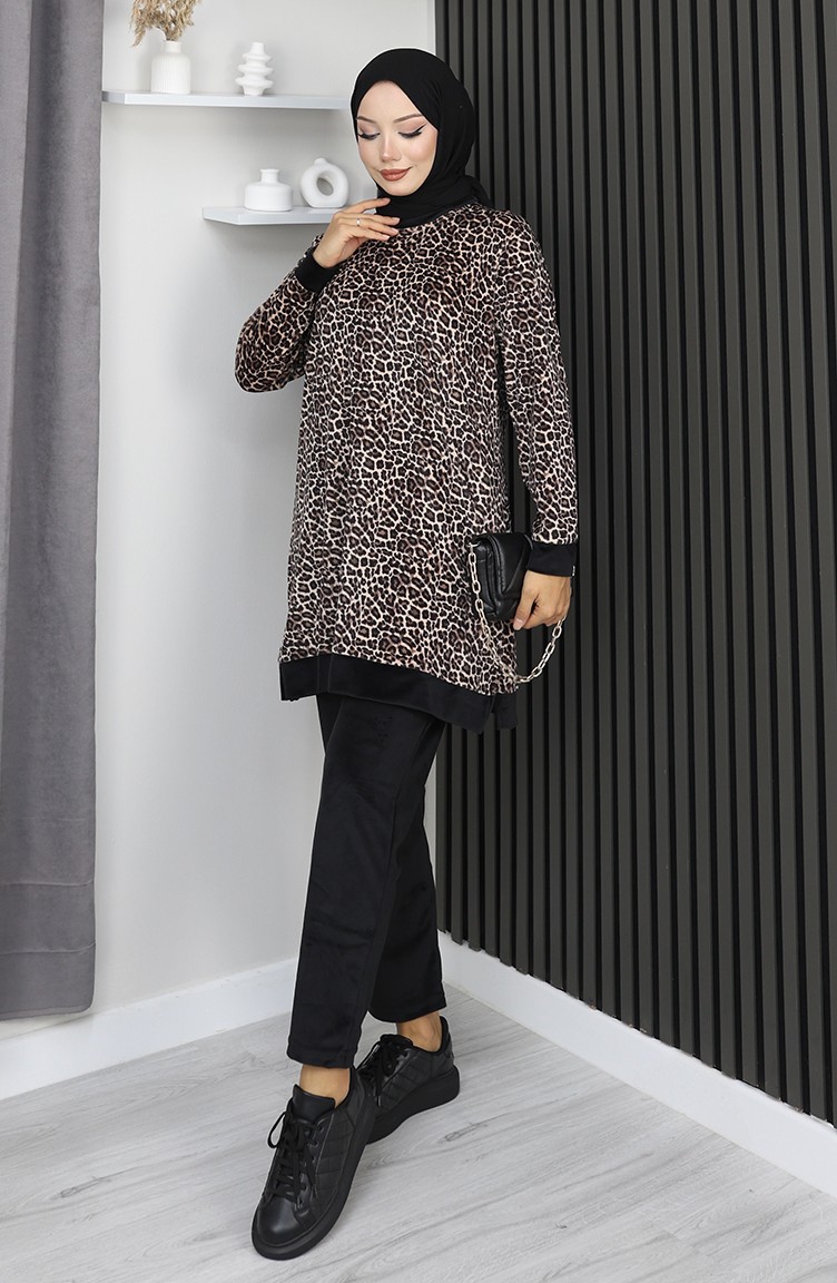Sefa Merve Leopar Desenli Eşofman Takım 96002-01 Kahverengi görsel 3