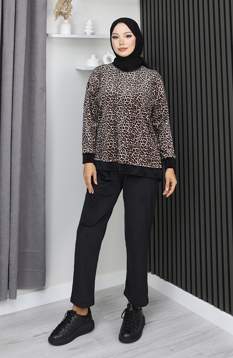 Sefa Merve Leopar Desenli Eşofman Takım 95015-01 Kahverengi