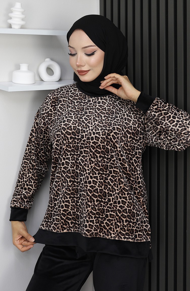Sefa Merve Leopar Desenli Eşofman Takım 95015-01 Kahverengi görsel 4