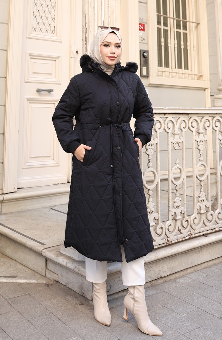 Sefa Merve Büyük Beden Beli Bağcıklı Kapüşonlu Mont 6343-01 Siyah