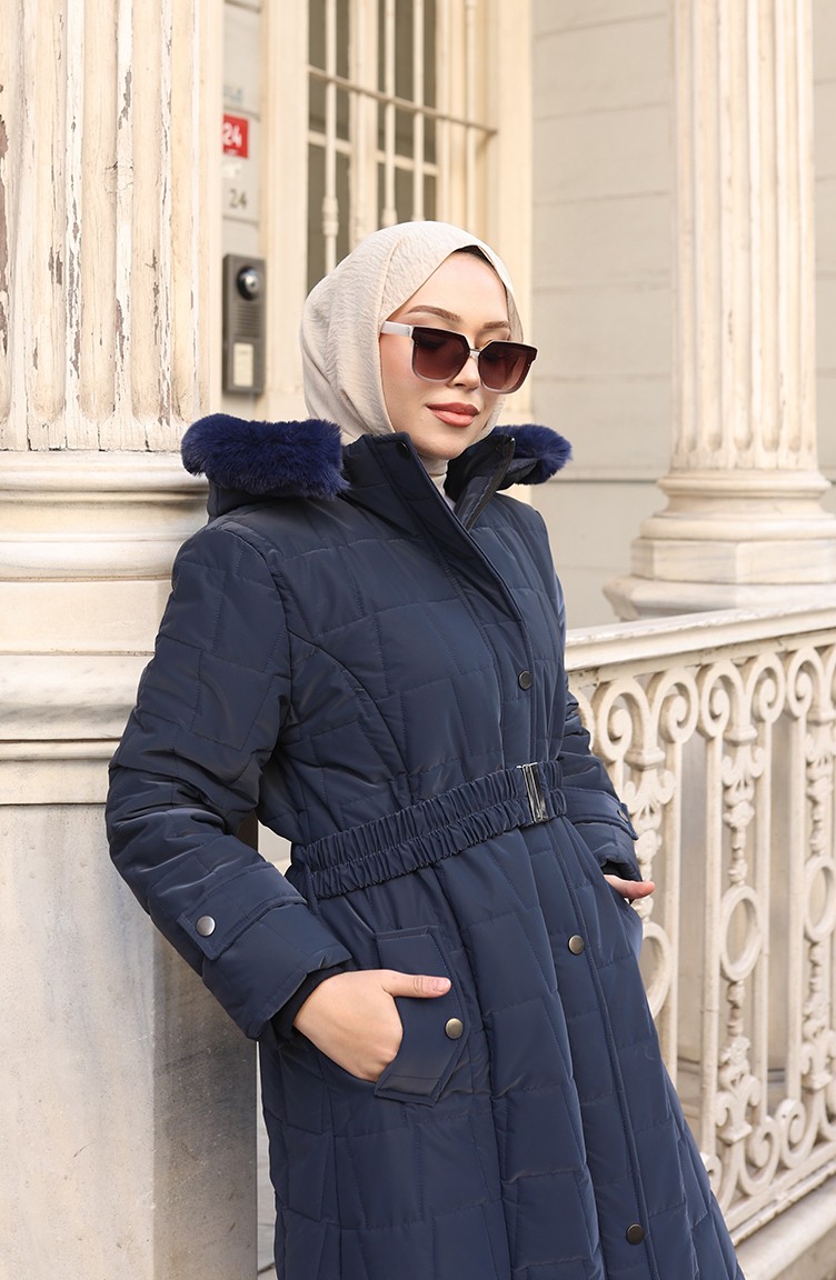 Sefa Merve Büyük Beden Kapüşonlu Kemerli Mont 6322-02 Lacivert görsel 3