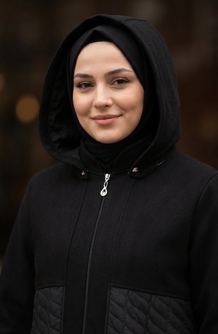 Sefa Merve Büyük Beden Kapüşonlu Kaşe Mont Siyah 6340-01 Kadın İçin Şık ve Rahat Tasarım görsel 4