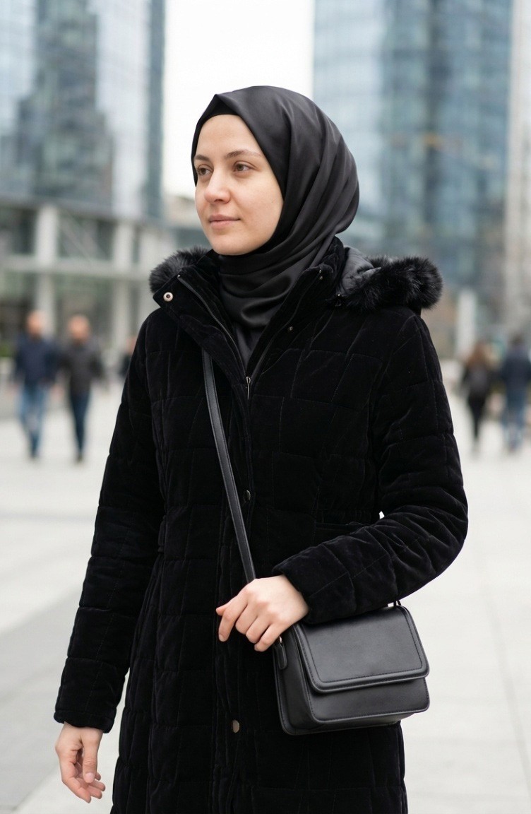 Sefa Merve Büyük Beden Kapüşonlu Nova Mont 6320-01 Siyah görsel 4