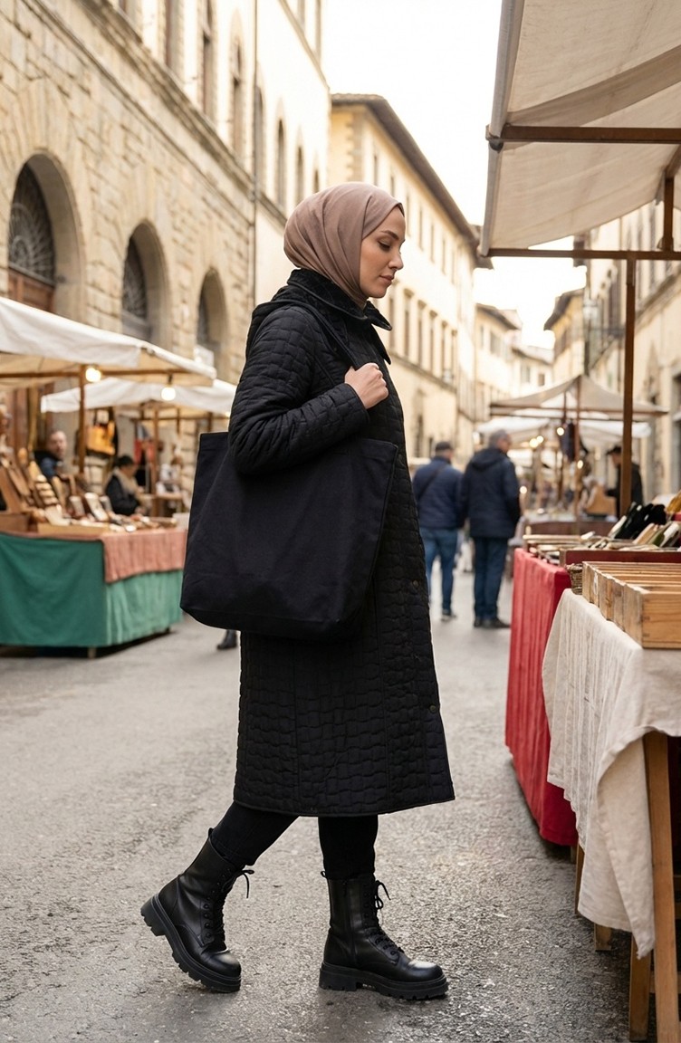 Sefa Merve Büyük Beden Kapitone Mont 6133-01 Siyah