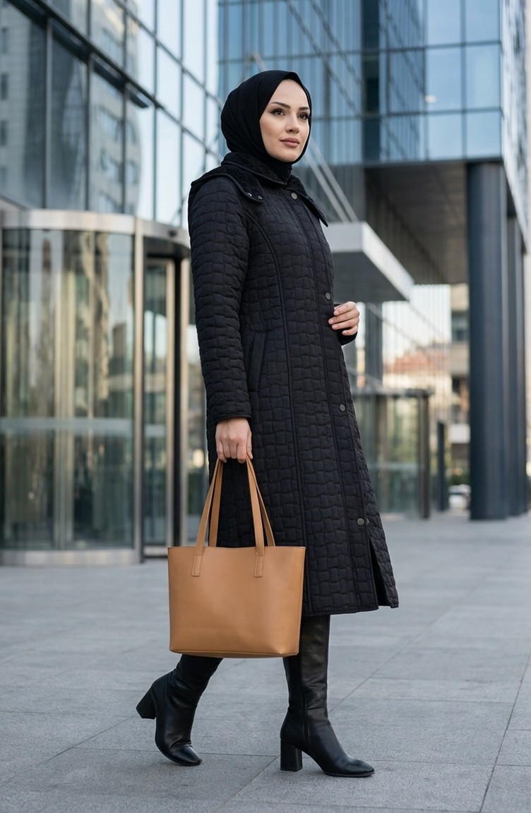 Sefa Merve Büyük Beden Kapitone Mont 6133-01 Siyah görsel 3