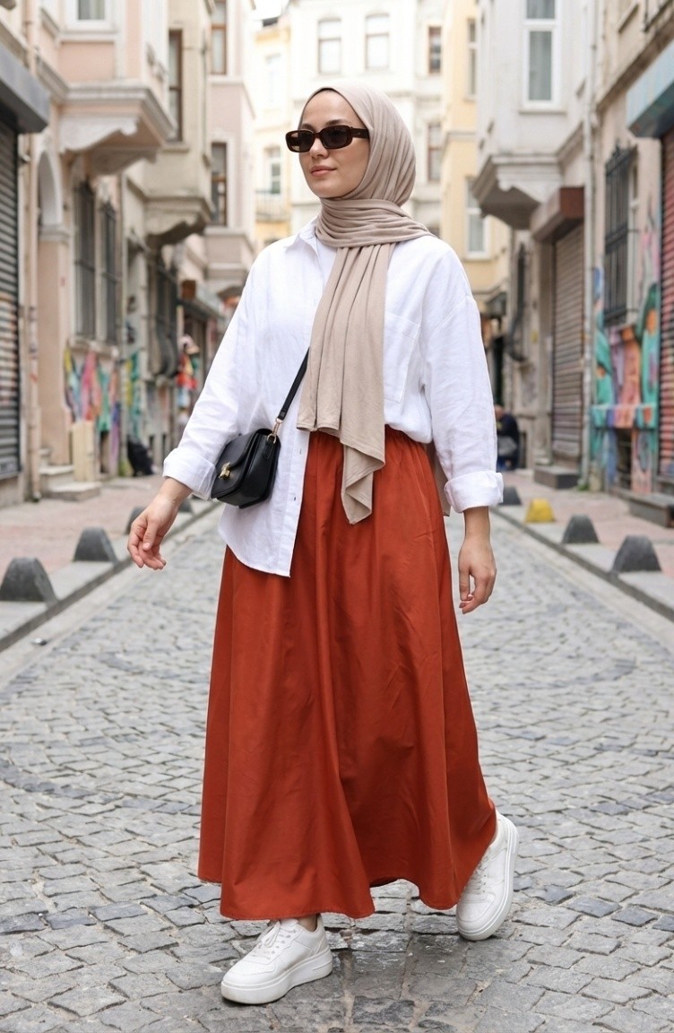 Sefa Merve Beli Lastikli Rahat Kesim Etek 0227-07 Taba