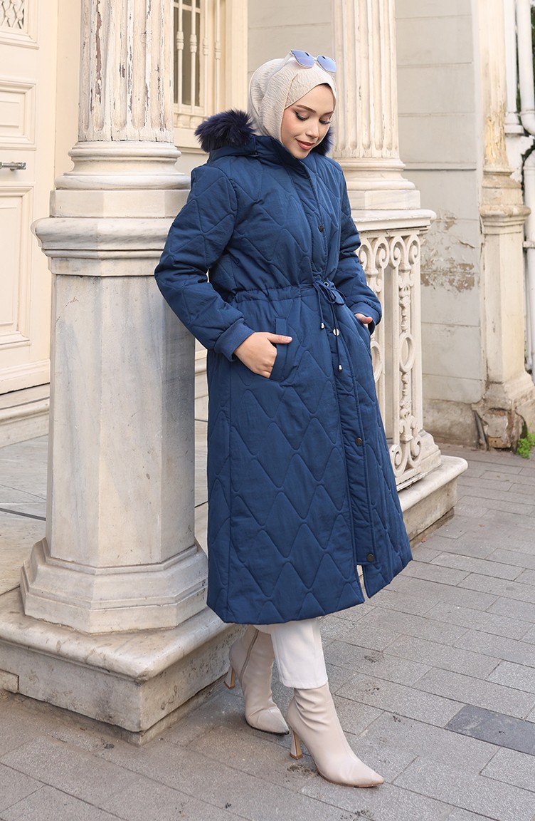Sefa Merve Büyük Beden Beli Bağcıklı Kapüşonlu Mont 6343-02 Lacivert görsel 2