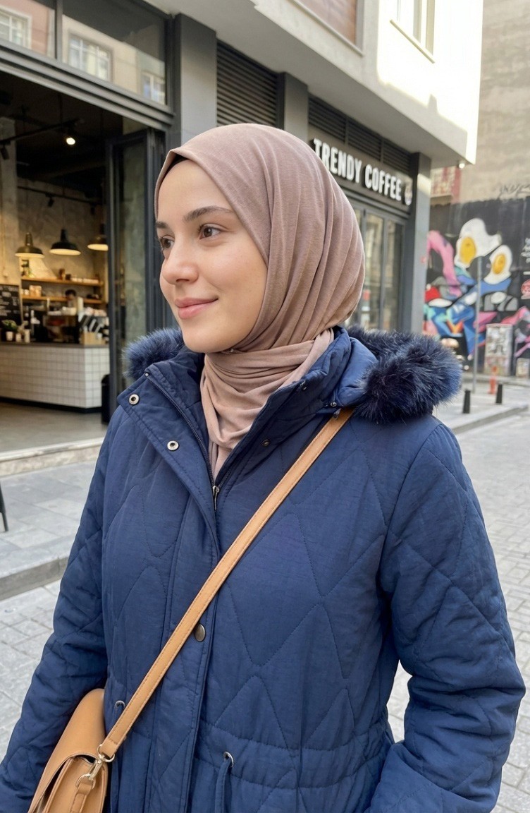 Sefa Merve Büyük Beden Kapüşonlu Krinkıl Mont 6225-02 Lacivert görsel 4