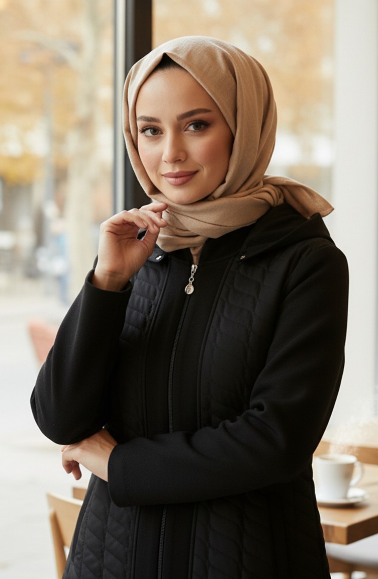 Sefa Merve Büyük Beden Kürklü Kaşe Mont 6247-01 Siyah görsel 3