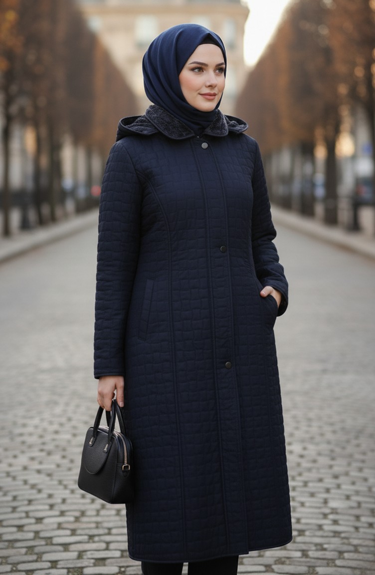 Sefa Merve Büyük Beden Kapitone Mont 6239-02 Lacivert görsel 2