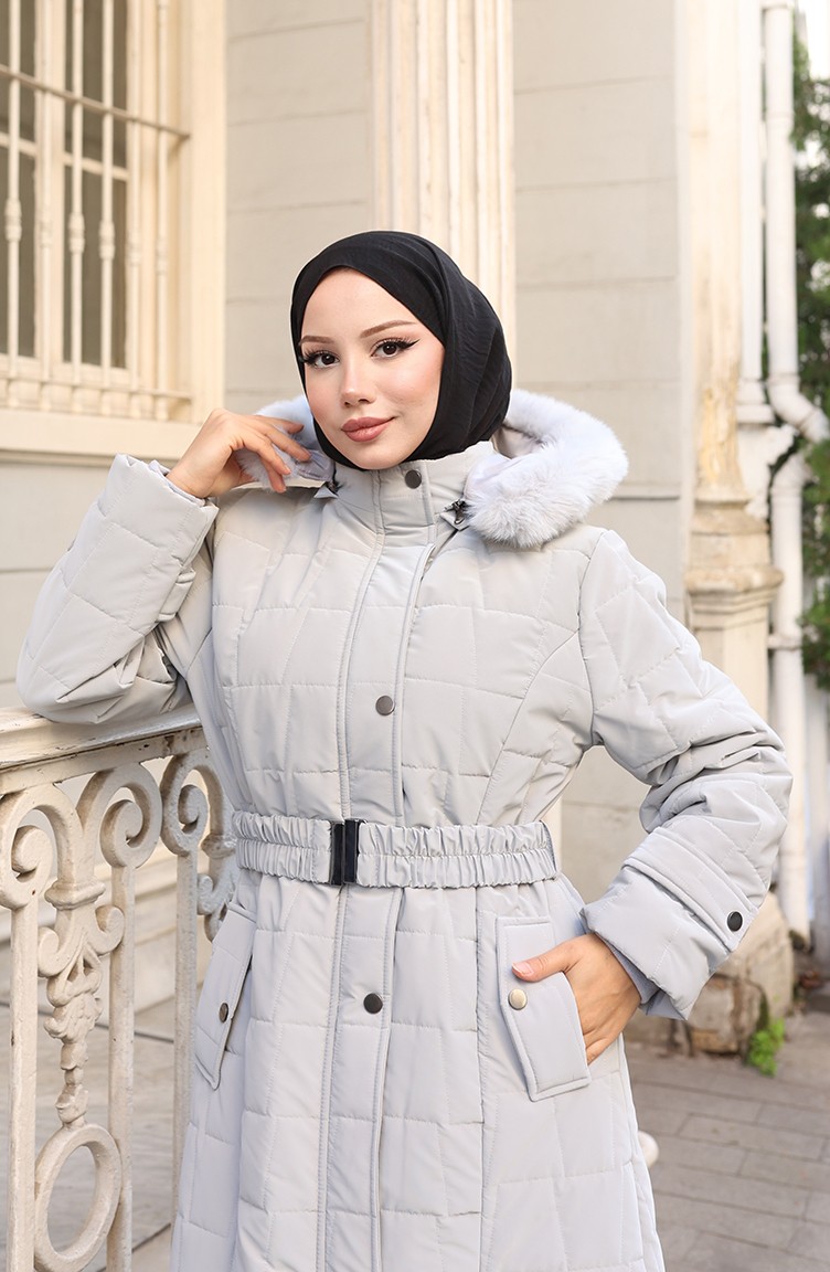 Sefa Merve Büyük Beden Kapüşonlu Kemerli Mont 6322-03 Gri görsel 4