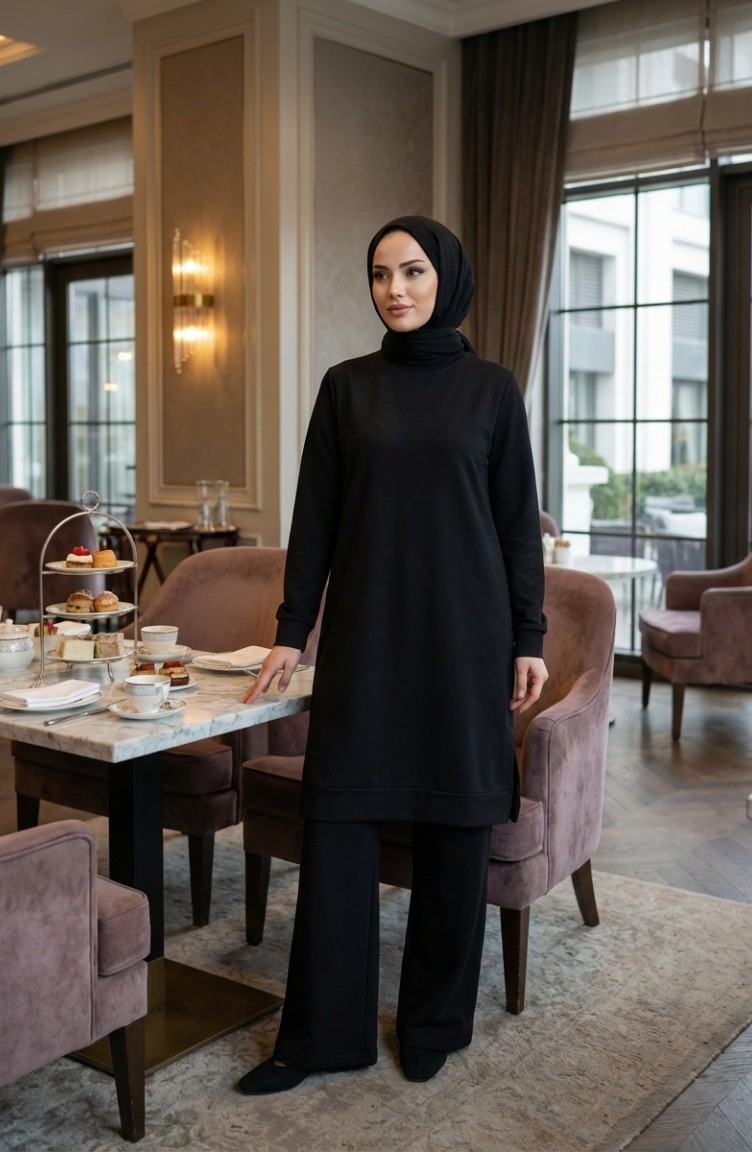 Sefa Merve Yırtmaç Detaylı Eşofman Takım 3083-04 Siyah görsel 2