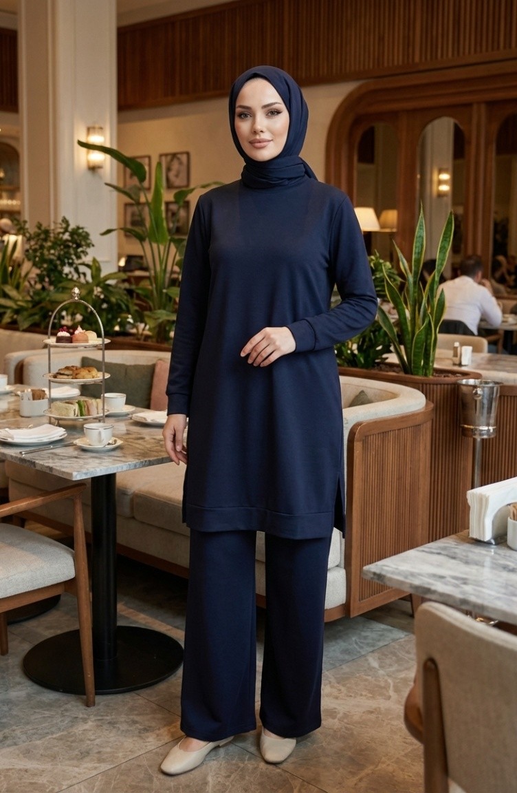 Sefa Merve Yırtmaç Detaylı Eşofman Takım 3083-02 Lacivert görsel 2