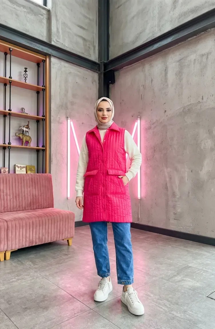 Sefa Merve Kapitone Yelek 71152-01 Fuşya görsel 3