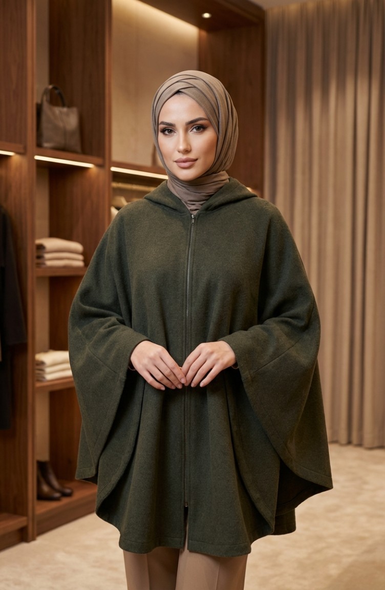 Sefa Merve Kapüşonlu Fermuarlı Kışlık Kaşe Panço 0241-01 Haki görsel 3