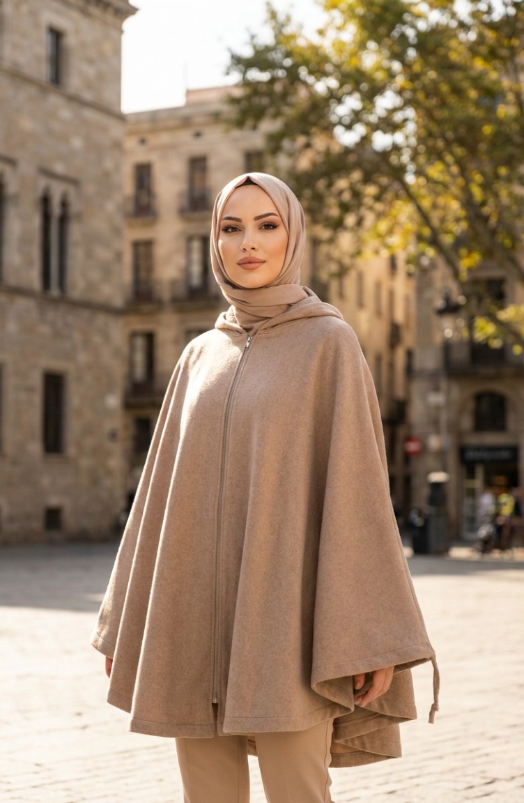 Sefa Merve Kapüşonlu Fermuarlı Kışlık Kaşe Panço 0241-03 Vizon görsel 3
