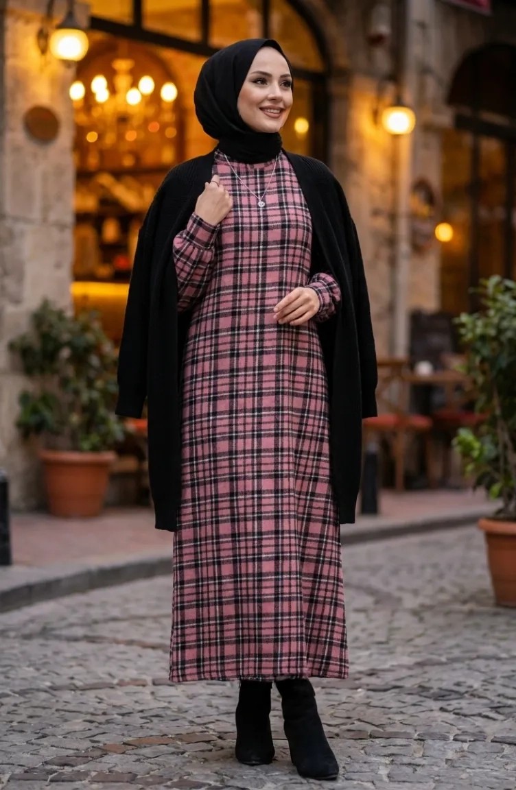 Sefa Merve Ekose Desenli Oduncu Kışlık Elbise 2507-04 Gül Kurusu