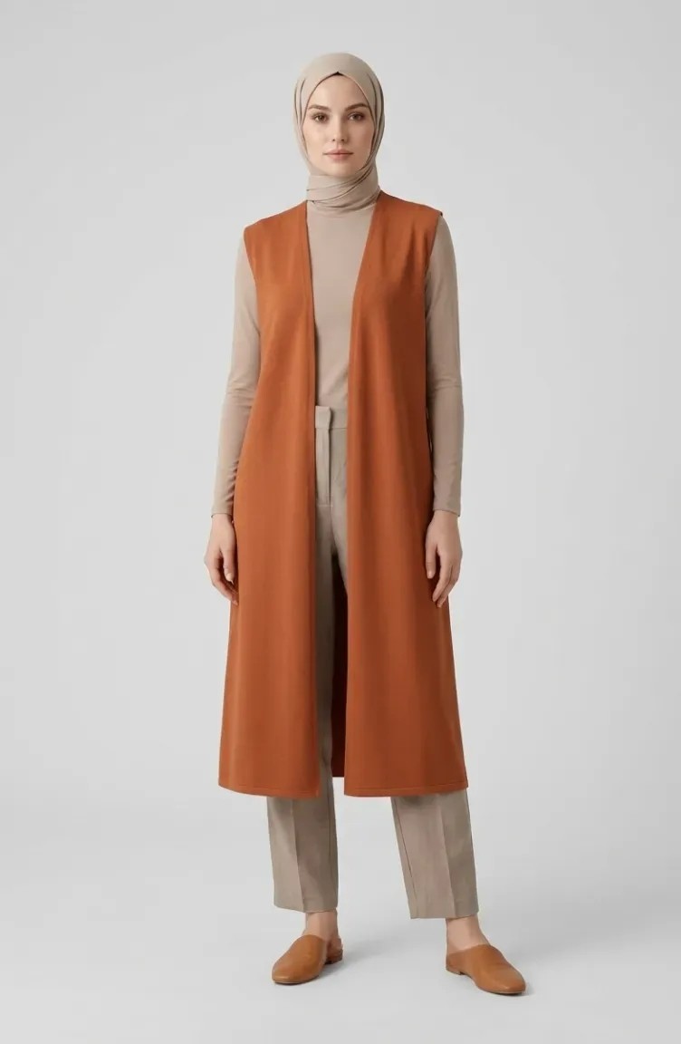 Sefa Merve Büyük Beden Düz Renk Sade Ince Anne Yelek 8770-07 Taba görsel 2