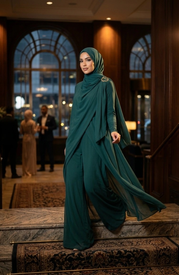 Sefa Merve Şal Yakalı Kuşaklı Tesettür Tulum 5654-01 Zümrüt Yeşili