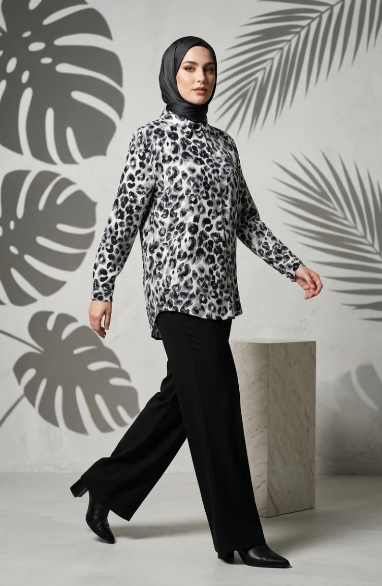 Sefa Merve Viskon Kumaş Leopar Desenli Gömlek 32543-03 Gri görsel 3