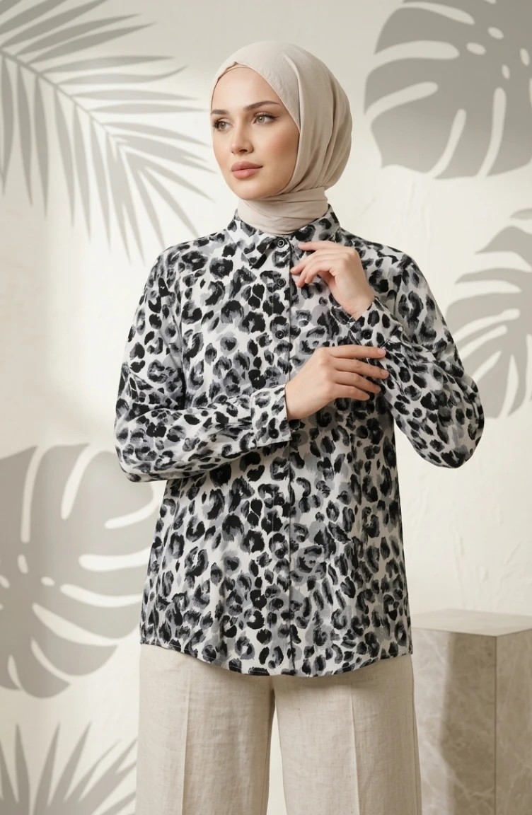 Sefa Merve Viskon Kumaş Leopar Desenli Gömlek 32543-03 Gri görsel 4