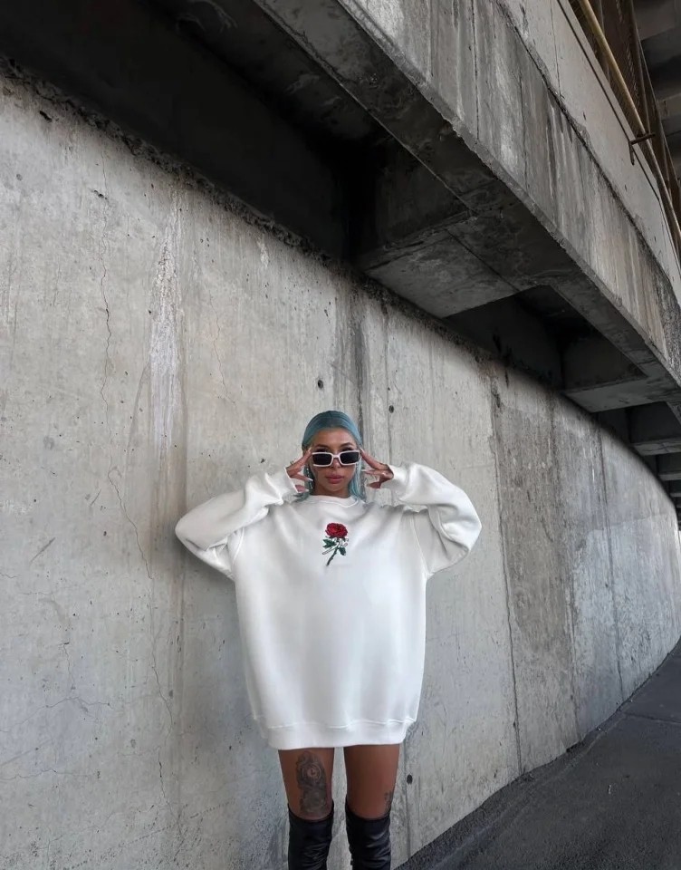 Oversize Üç Iplik Bisiklet Yaka Baskılı Sweatshirt - Beyaz