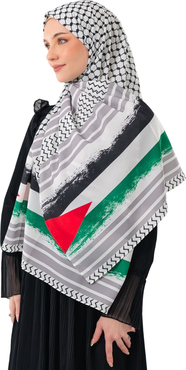 Zaytoon Şal Filistin Kefiye Puşi Gri Çizgili Püskülsüz Unisex Kadın Şal 70x170 cm görsel 7