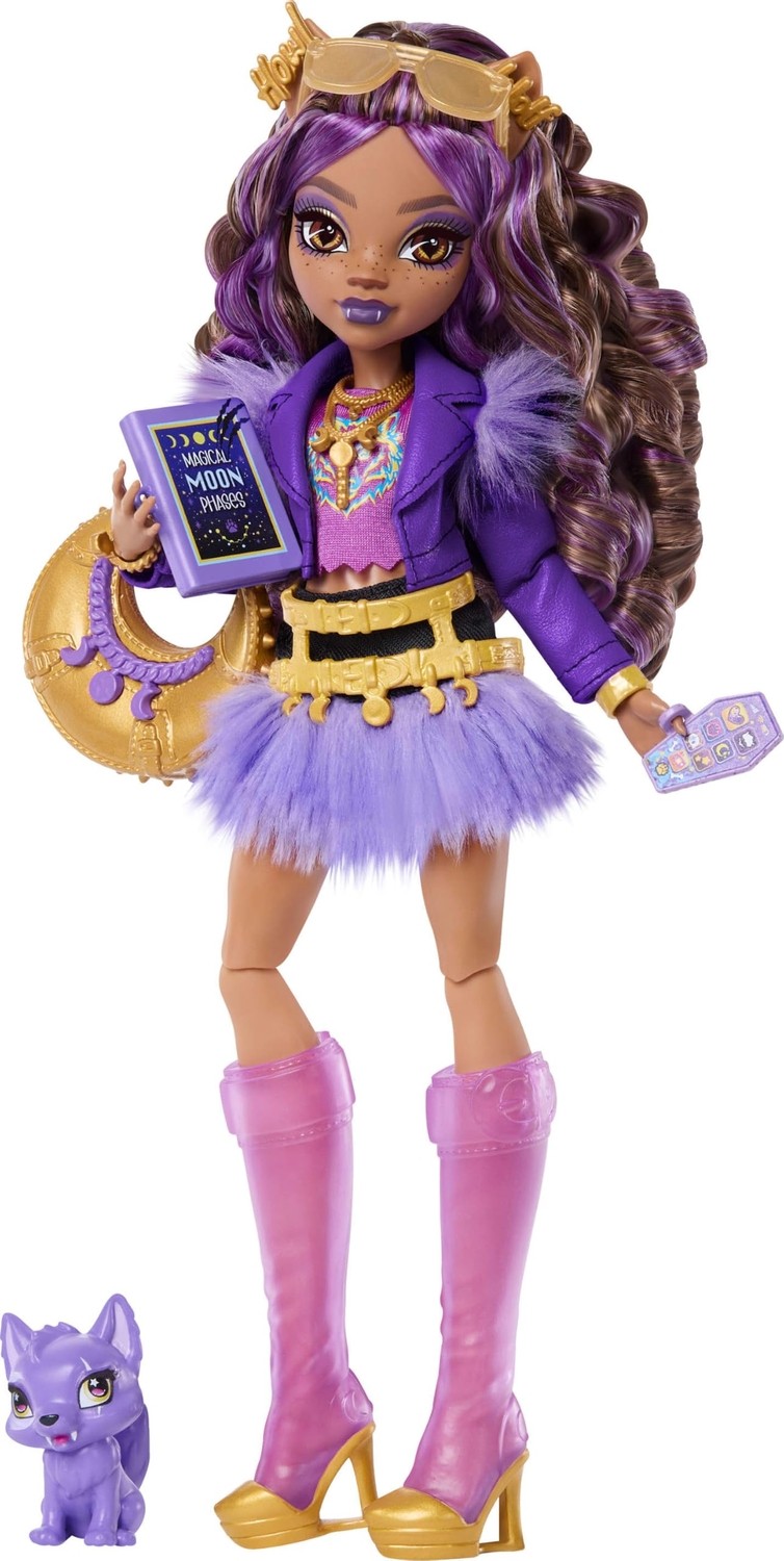 Aesco Monster High Mor Motosiklet Ceketi ve Tüylü Etek Giyen Monster High Clawdeen Wolf Bebek, Kurt Crescent ve Kitap, Kruvasan ve Çanta Gibi 7 Aksesuar, JHK30
