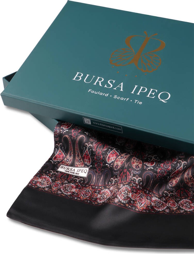 Bursa İpek Kırmızı Desenli Erkek Ipek Kaşkol görsel 3