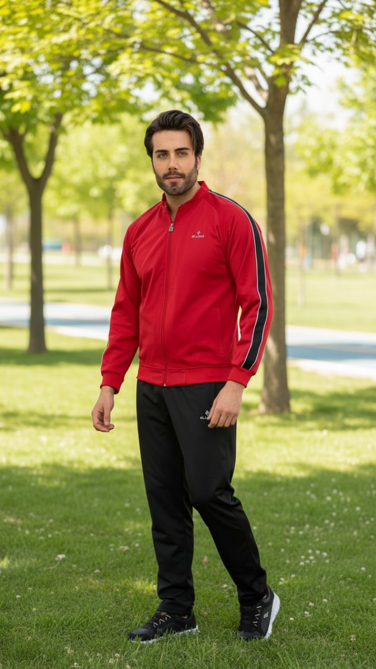 Fore Sport Erkek %100 Polyester Rashell Kumaş Kırmızı Kolej Yaka Eşofman Takımı görsel 2