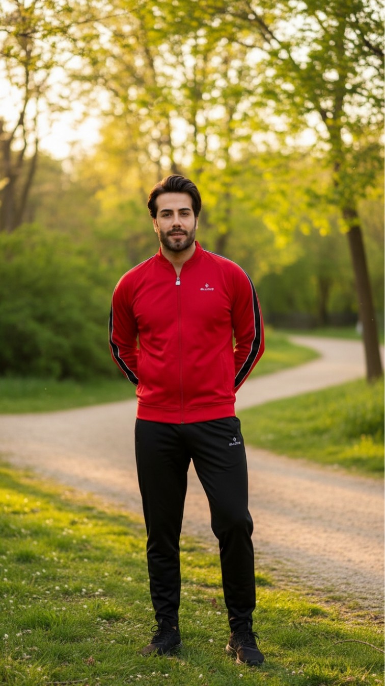 Fore Sport Erkek %100 Polyester Rashell Kumaş Kırmızı Kolej Yaka Eşofman Takımı görsel 3