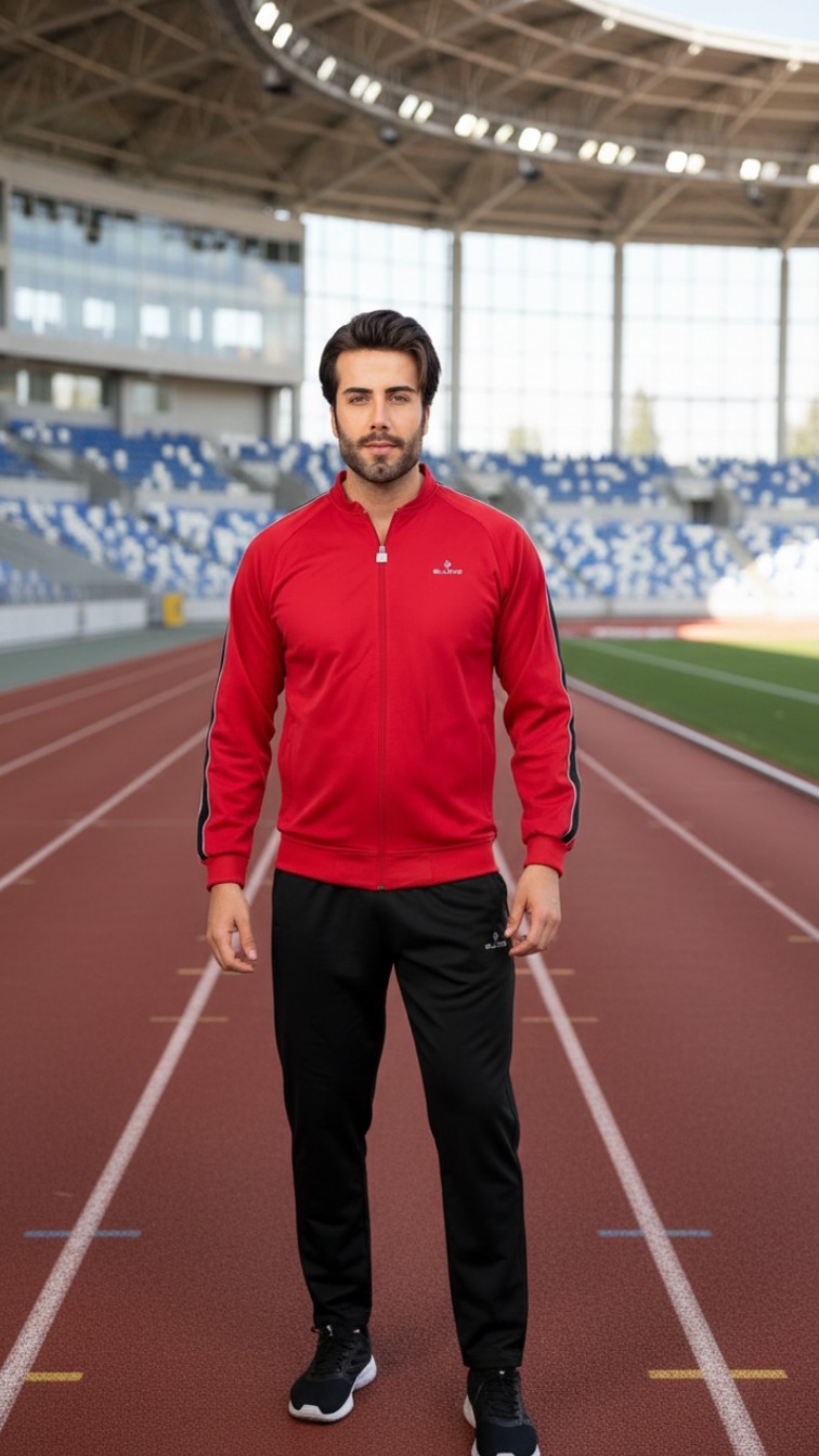 Fore Sport Erkek %100 Polyester Rashell Kumaş Kırmızı Kolej Yaka Eşofman Takımı görsel 5