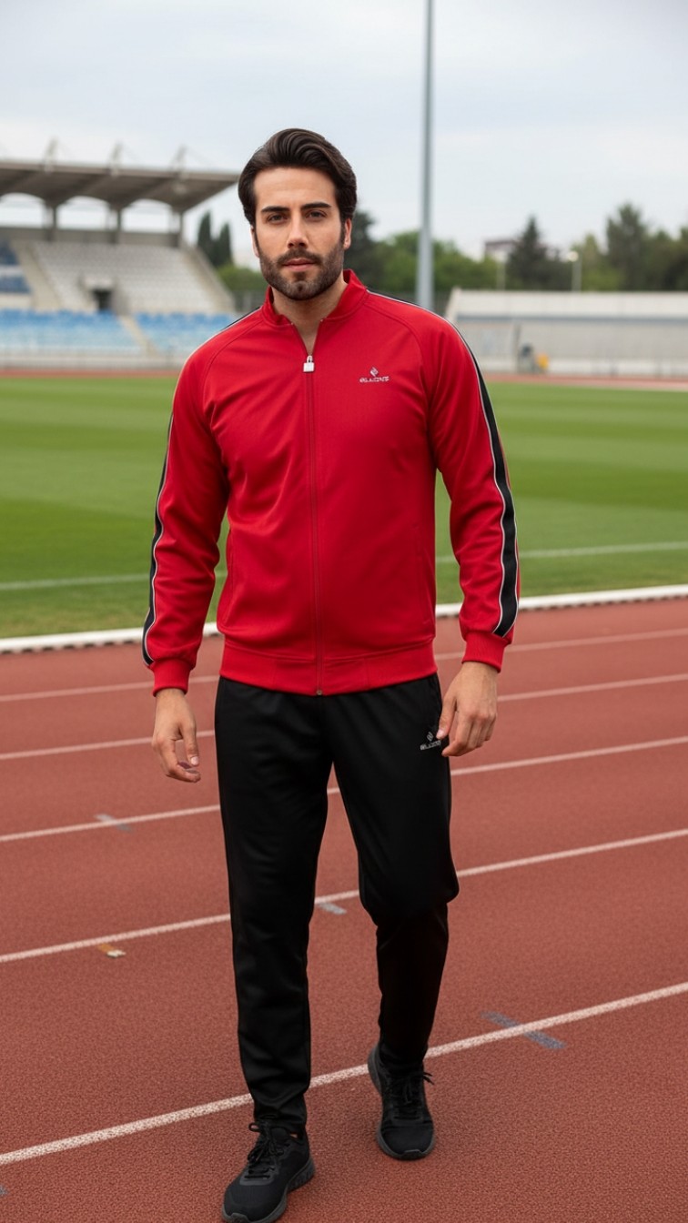 Fore Sport Erkek %100 Polyester Rashell Kumaş Kırmızı Kolej Yaka Eşofman Takımı görsel 6