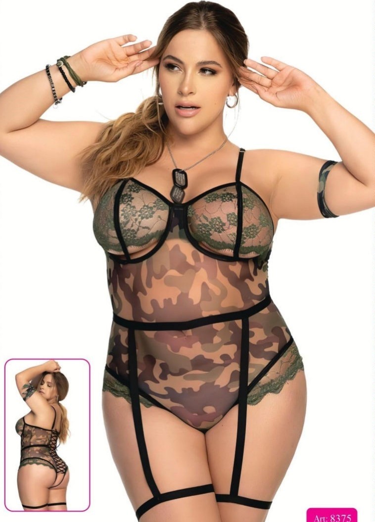 For Dreams Büyük Beden Kamuflaj Desenli Transparan Dantel Body