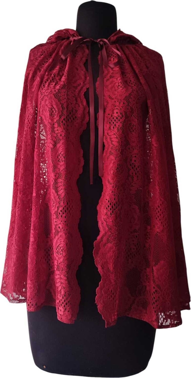 Moda Nur Pelerin, Kapşonlu Pelerin, Bordo Renk , Desenli Tül Gelin Pelerin. 85 cm