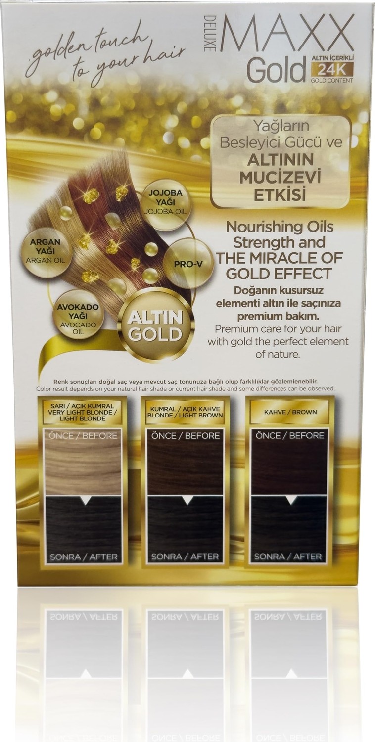 Aesco Maxx Deluxe Gold Serisi 24K Altın Parçacıklı Serum ile 1 Kutu 2 x 50 ml ve Geliştiriciler Saç Boyası (Yoğun Küllü Açık Kumral 8.11) görsel 3