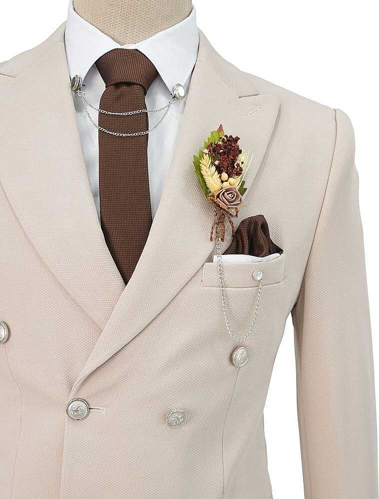 Beystil Sivri Yaka Bej Kruvaze Takım Elbise Petek - Slim Fit görsel 3