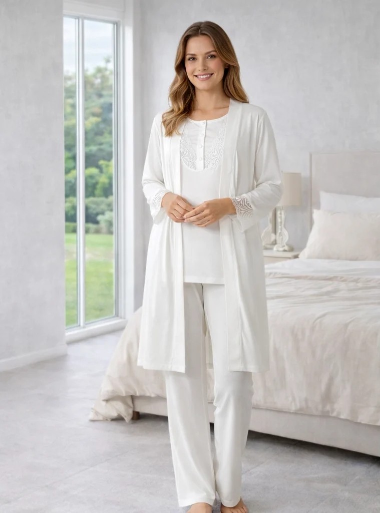 Flz Beyaz Sabahlık Pijama Takımı, Uzun Kollu Dantel Detaylı Zakkum Kumaş 3'lü Set Flz 31-143 görsel 2