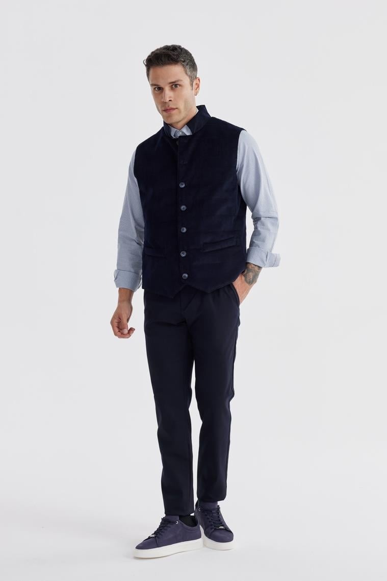 Jakamen Lacivert Hakim Yaka Çift Taraflı Slim Fit Yelek
