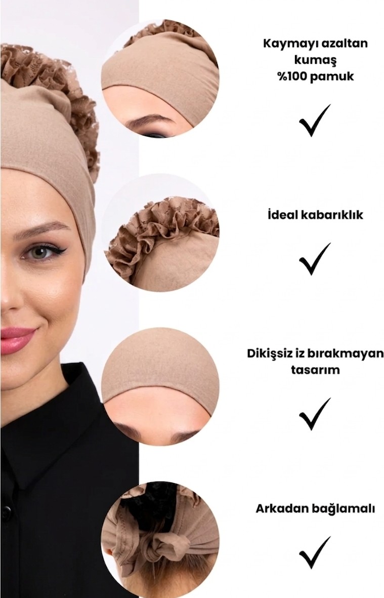Alivascarf Fırfırlı Dikişsiz Penye Bone Vizon - Kadın Tesettür Bağlamalı Topuz Iç Bone Kahve görsel 5