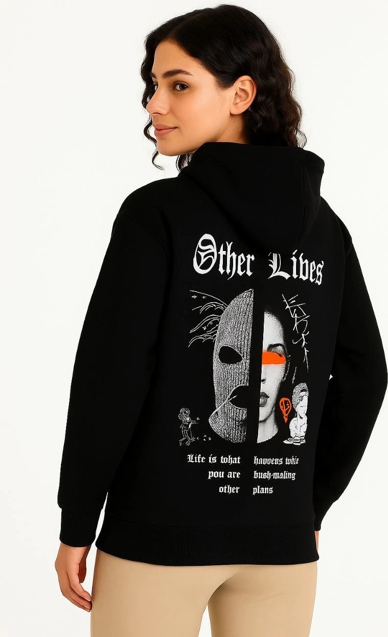 Tarz Yeri Kadın Kapüşonlu Kanguru Cepli Sweatshirt 3 Iplik Pamuklu Baskılı Hoodie - Siyah görsel 4