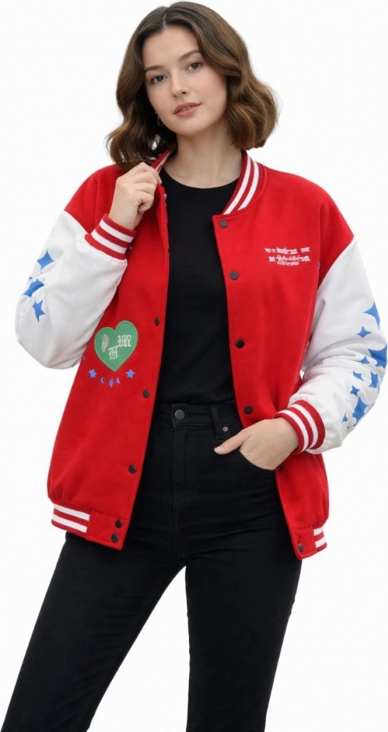 Hace Bazaar Kırmızı Varsity Çıtçıtlı Baskılı Oversize Kalıp Kolej Ceket - Kırmızı görsel 3