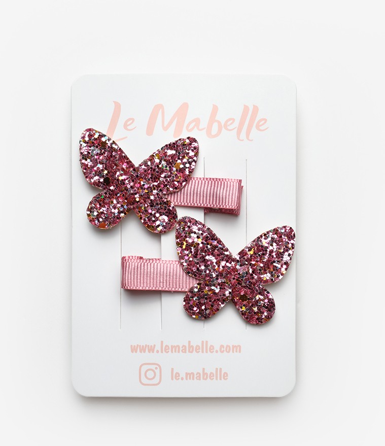 Le Mabelle Pembe Simli Kelebek Figürlü 2'li Kız Çocuk Klips Toka