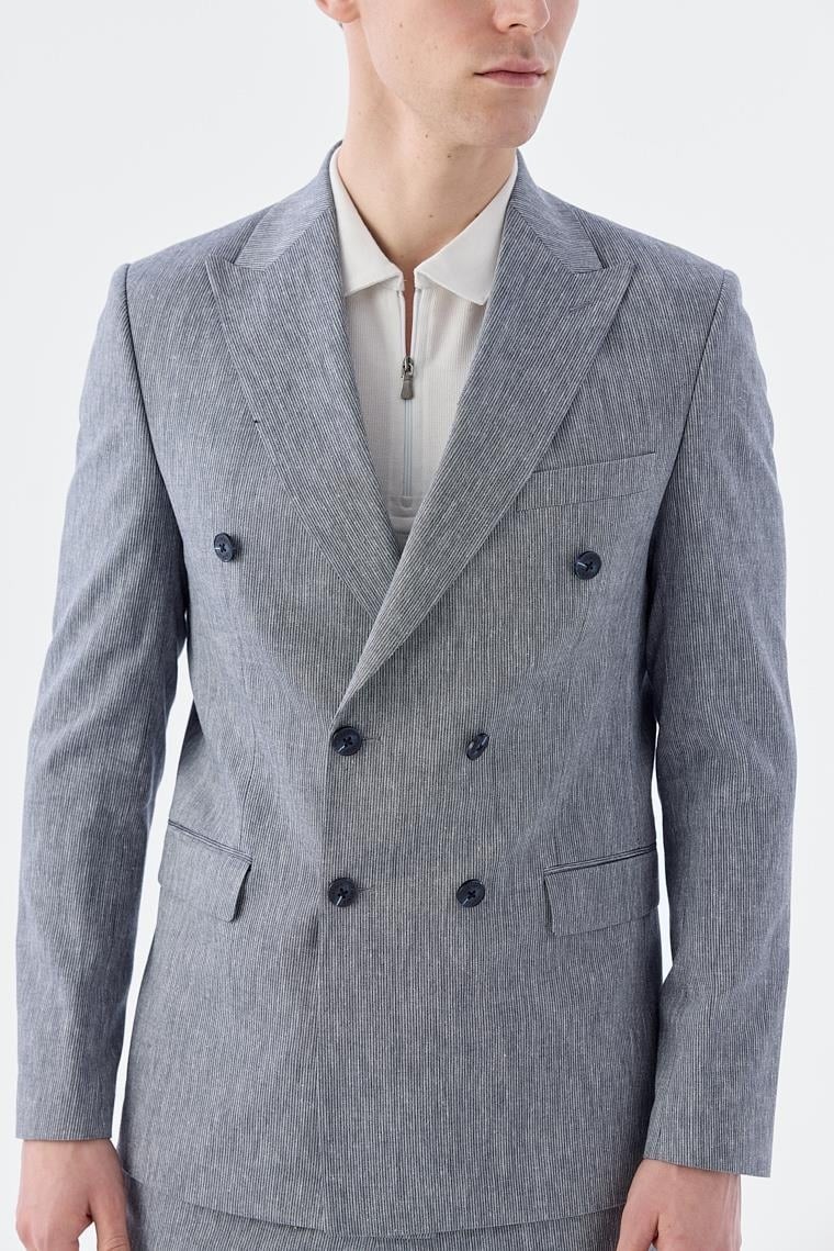 Jakamen Lacivert Slim Fit Keten Karışımlı Kruvaze Takım Elbise görsel 3