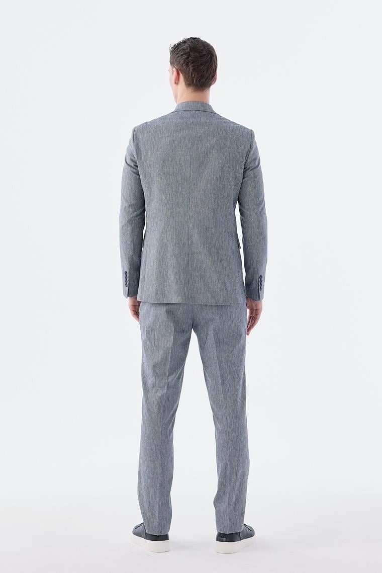 Jakamen Lacivert Slim Fit Keten Karışımlı Kruvaze Takım Elbise görsel 4